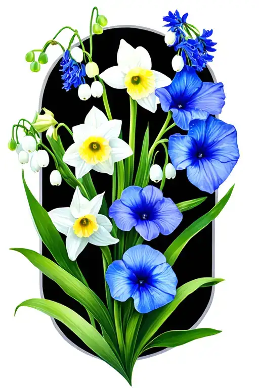 daffodil, lily of the valley, Paperwhite Narcissus, morning glories, larkspur tattoo design idea