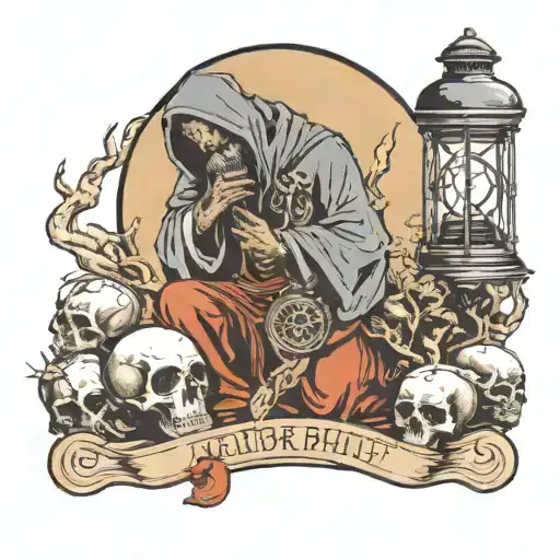 the hermit tarot card where the hermit is death and he's holding an old lantern and standing on skulls tattoo design idea