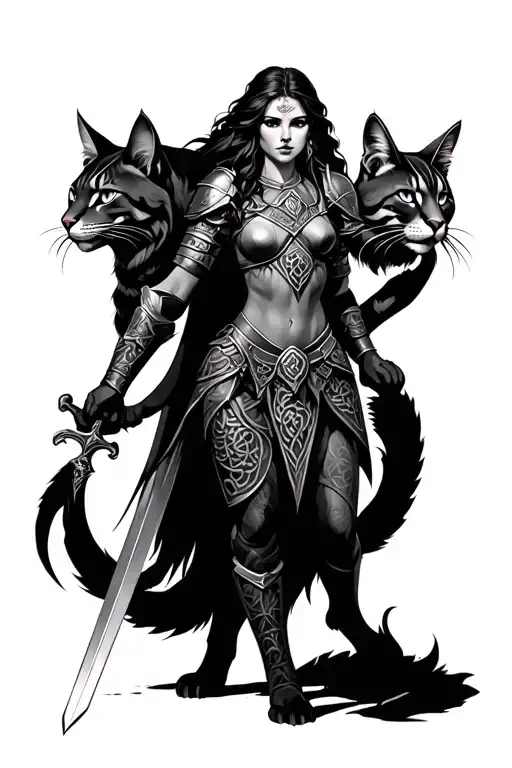 freya goddess with large cats in celtic armor weilding a sword tattoo design idea