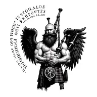 scottish bagpiper bald black beard muscular wearing glengarry pipes in arm big black wings tattoo design idea