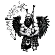 scottish bagpiper bald black beard muscular wearing glengarry pipes in arm big black wings tattoo design idea