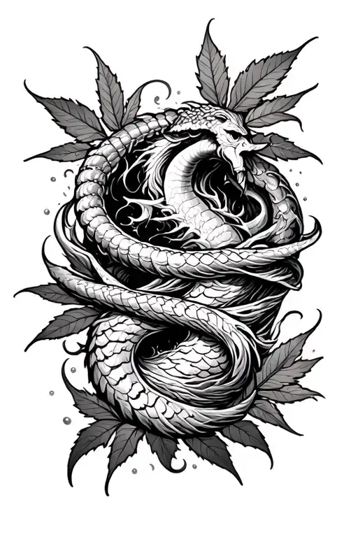 forearm tattoo outside symbolizing a rough ocean with a triton black and white with tobacco leaf's wrapped around the tattoo design idea