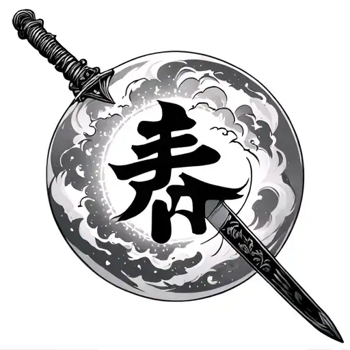 sun moon Japanese kanji in a sword tattoo design idea