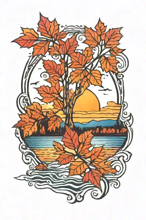 fall colored leaves sunset over lake tattoo design idea
