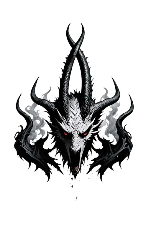 demon with horns bahamut head emerging from smoke tattoo design idea