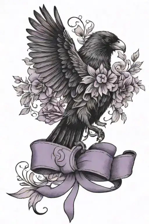 flying crow carrying January and November birth month flowers wrapped in purple ribbon with hidden number 38 tattoo design idea