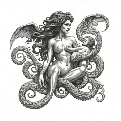 full body medusa holding a winged baby tattoo design idea