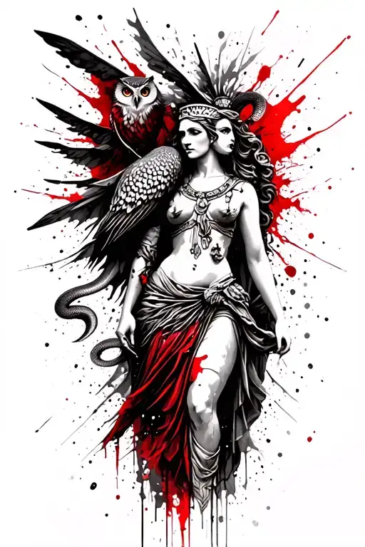 goddess athena with owl and snake tattoo design idea