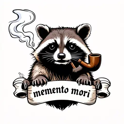 Racoon smoking a tobacco pipe that looks sad. Bottom scroll text that reads memento mori bold outline tattoo design idea