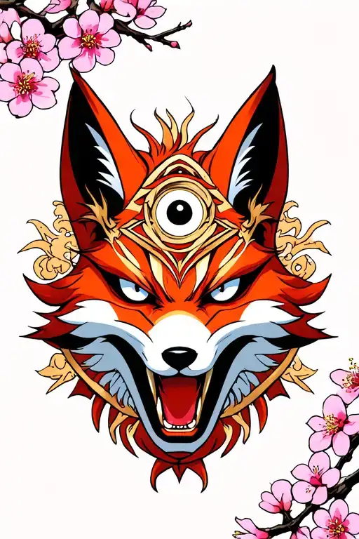 menacing kitsune mask with 3rd eye on the forehead surrounded by cherry blossoms tattoo design idea