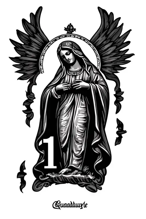 OUR LADY OF GUADALUPE HOLDING NUMBER 13 CHICANO STYLE tattoo design idea