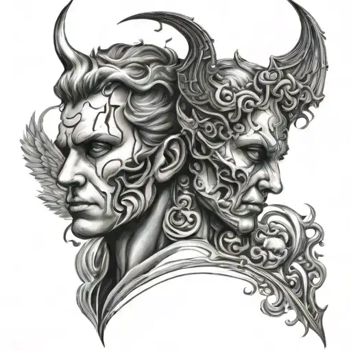 two faces in half in half style angel and devil looking at each other black and white drawing tattoo design idea