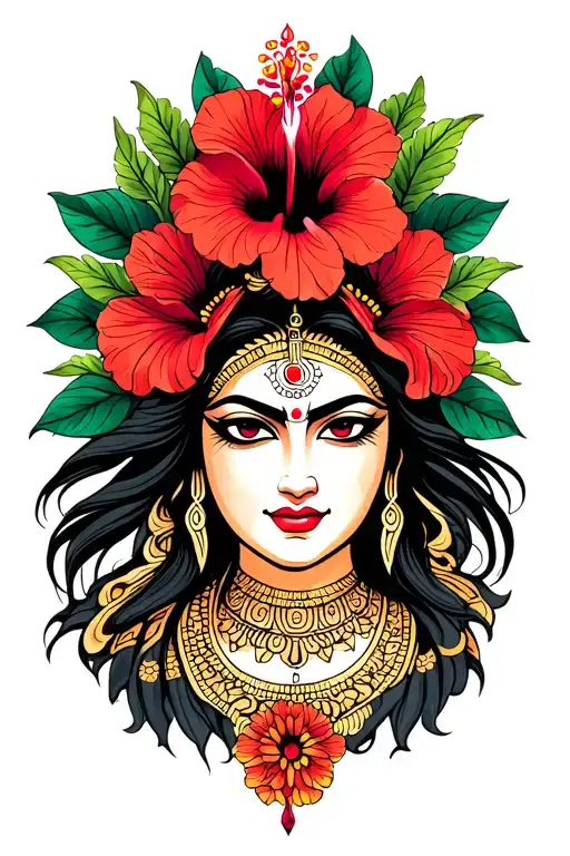 goddess kali symbol incorporated representing spiritual connection and red hibiscus  tattoo design idea