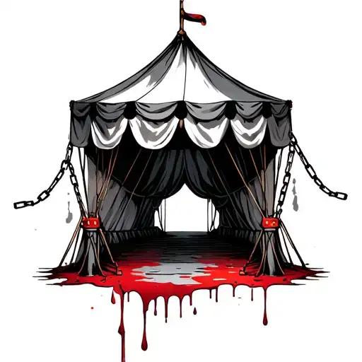 horror circus tent with chains hanging dead blood dripping tattoo design idea