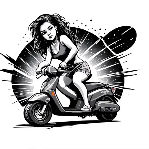 Zoe riding a Razor scooter with a supernova start in background tattoo design idea