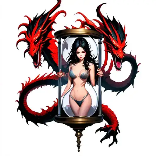 dragon, colored red black grey, wraps hourglass, topless demon woman with black hair trapped inside hourglass tattoo design idea