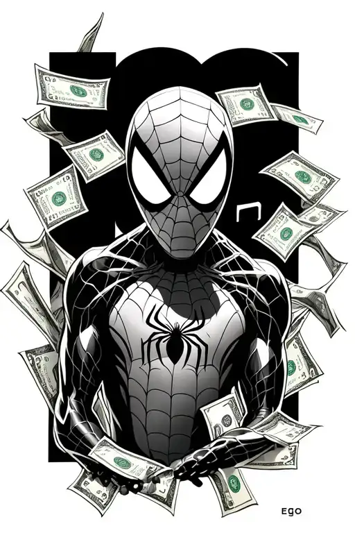 "EGO" Symbiote suit Spider-Man with dollar bills entangled in the web. tattoo design idea