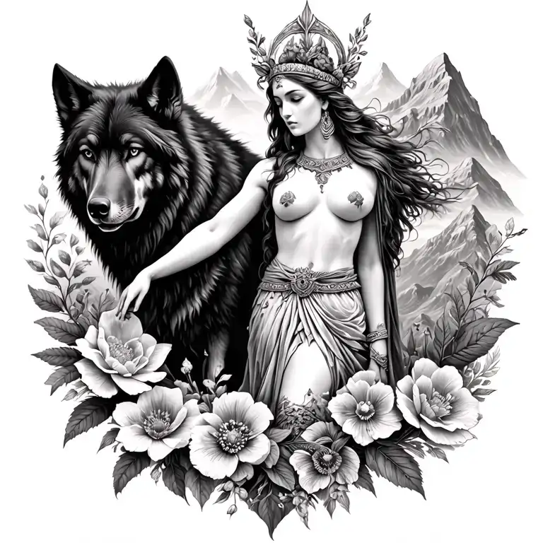Athena sexy goddess surrounded by poeny flowers and black wolf with mountains  tattoo design idea
