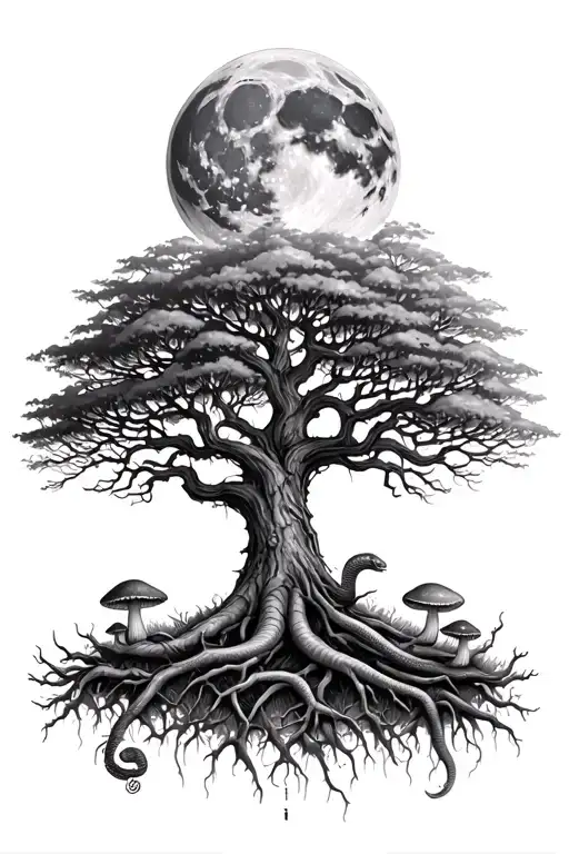 life tree, behind the crown is moon, under tree are some mushrooms, around tree trunk is snake and roots are going from  tattoo design idea