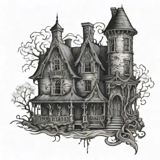 A spooky haunted house with hidden word puzzles incorporated into the design tattoo design idea
