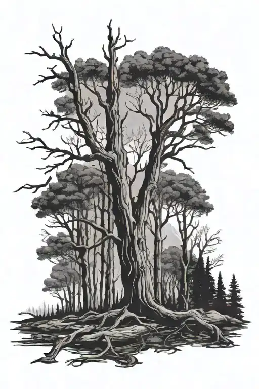 burned dead trees in a forest after a wildfire  tattoo design idea