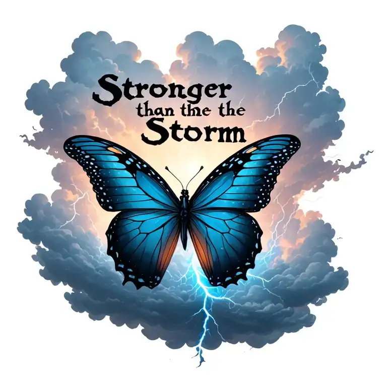 "Stronger than the storm" "Stronger than the storm"  "Stronger than the storm" butterfly emerging from storm clouds forming the shape lightening tattoo design idea