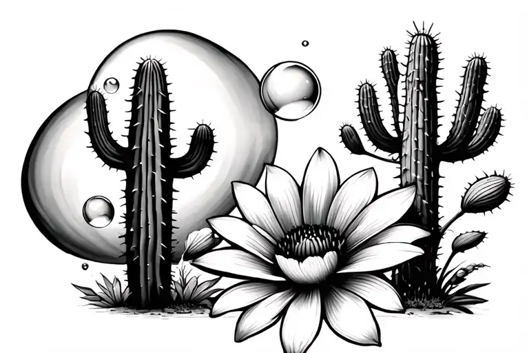 I want a small two bubble tattoo (one smaller than another), two cactus (one smaller than another) and a flower tattoo design idea
