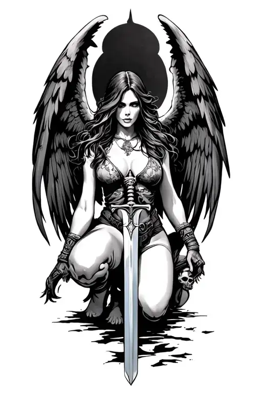 Dark Angel kneeling with sword and skulls in background tattoo design idea