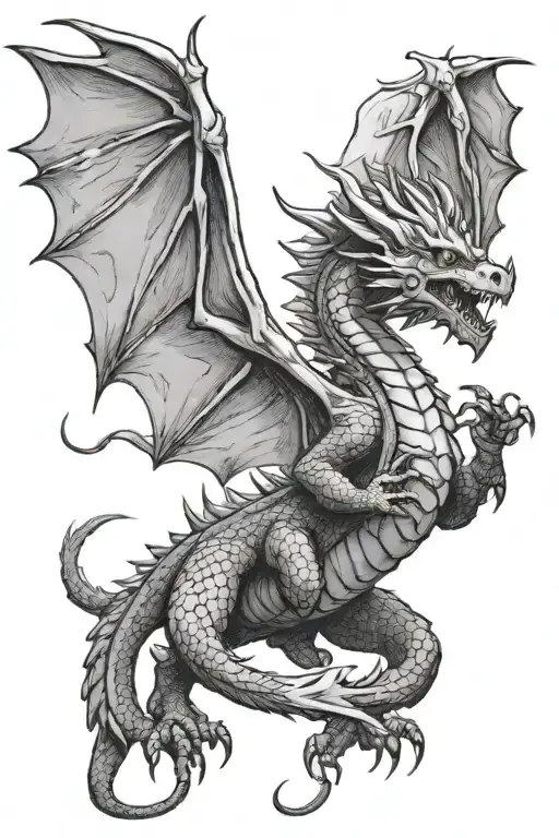 a medieval dragon breathing fire while flying tattoo design idea