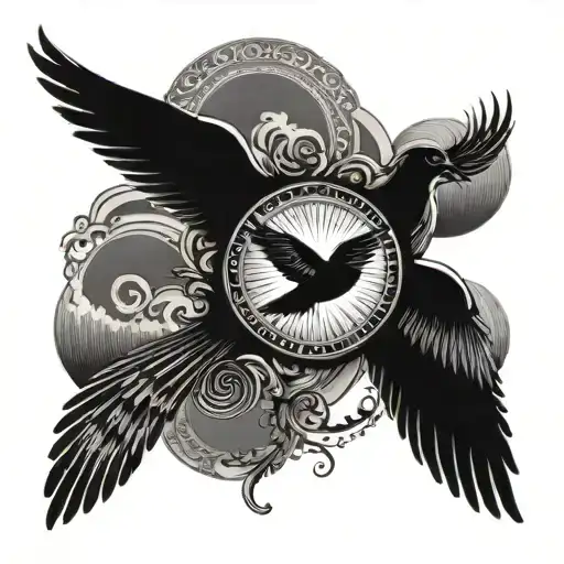 sea and sun rising in background, flying wings in front  tattoo design idea