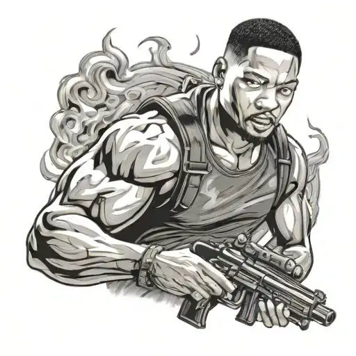bad boys 2 (will smith) with 2 guns out with his arms fully extended left and right with fire in the background  tattoo design idea