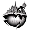 imagine An open globe split in the middle, resembling a Pac-Man style design, with the cathedral of Santiago de Composte tattoo design idea