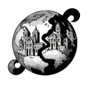 imagine An open globe split in the middle, resembling a Pac-Man style design, with the cathedral of Santiago de Composte tattoo design idea