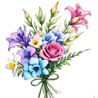 gladiolus, daffodil, rose, sweet pea birth flower bouquet tied with thin bow. I like colors: blues, pinks, purples, cyan tattoo design idea