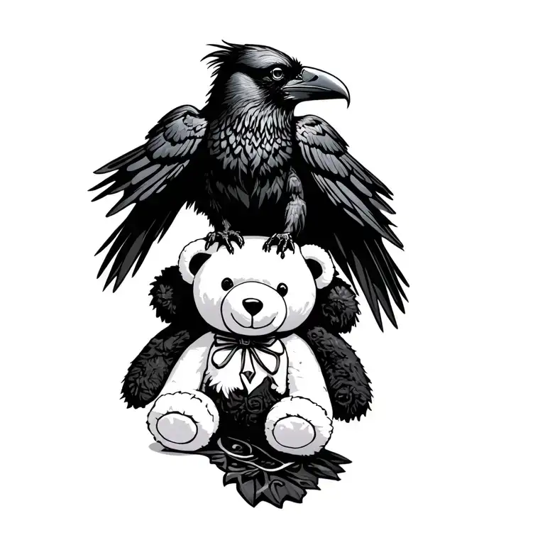 gothic raven sitting on top of a voodoo teddy bear tattoo design idea