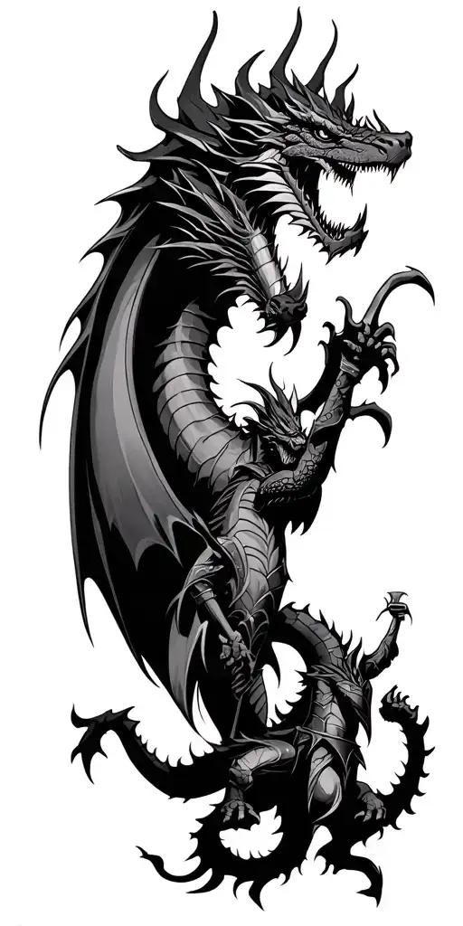 dragon fighting knights ruined castle tattoo design idea