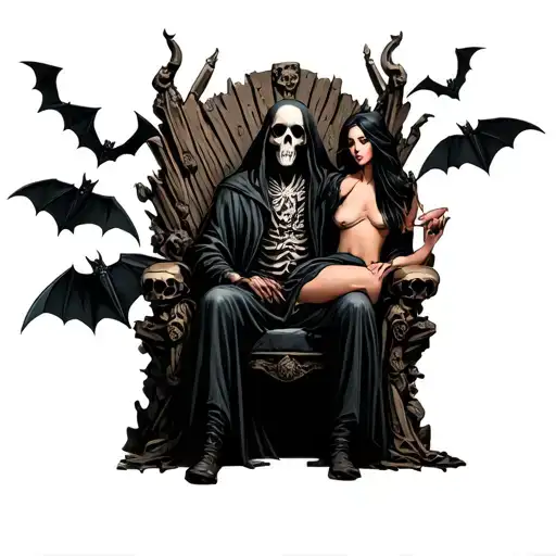 grimreaper sitting in his throne make from skulls holding his sytce with a sexy girl devil on his side with bats dark tattoo design idea