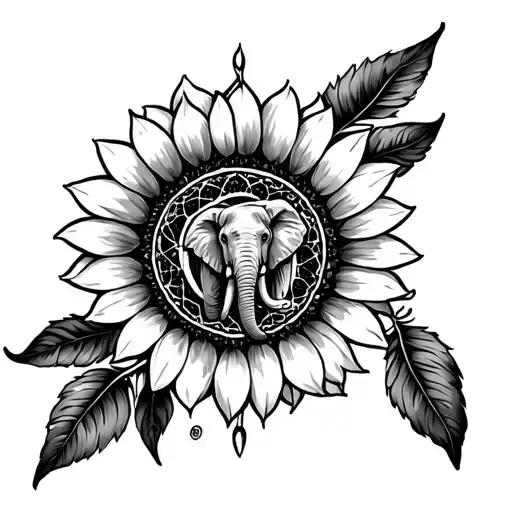 a sunflower designed with a dreamcatcher and a elephant in the middle of the dreamcatcher tattoo design idea