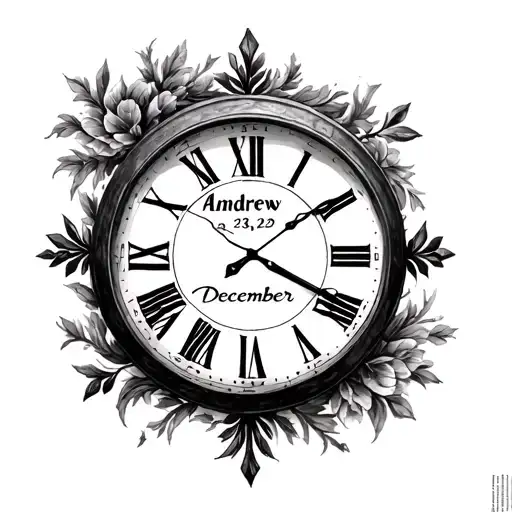 wall clock with Andrew and December 23, 2002 with the time at 9:00 tattoo design idea