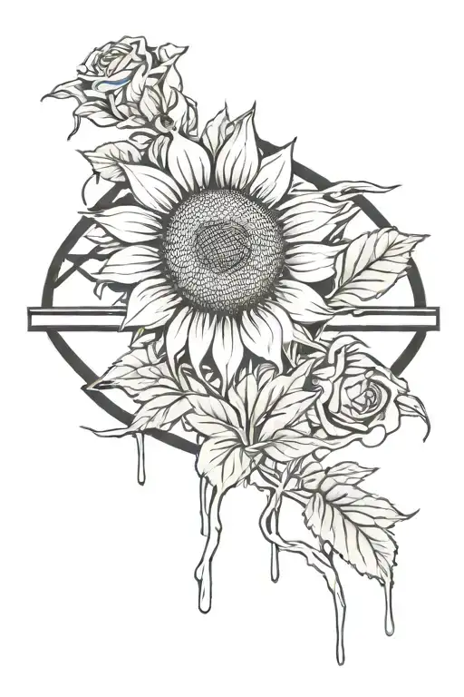 sunflower intertwined with rose handcuffs barred window, stormy rain cloud, red barn, highway sign, bloody knife tattoo design idea