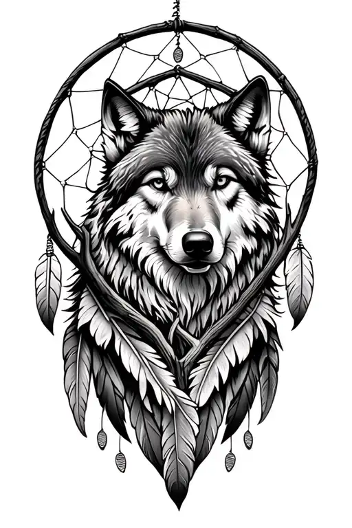 wolf under a dream catcher intertwined with antler and eagle feathers tattoo design idea