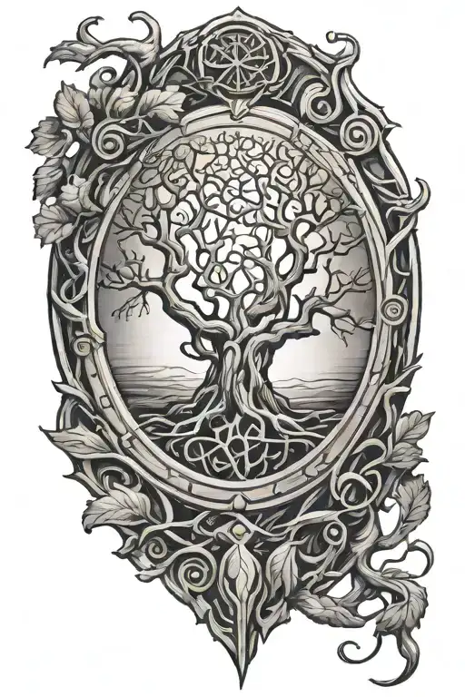 round wooden shield with tree of life knot and branches growing out of its cracks tattoo design idea