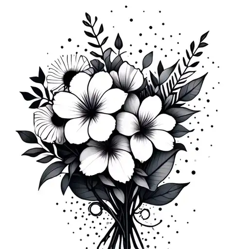 A bouquet of exotic flowers intertwined with geometric shapes and dots tattoo design idea