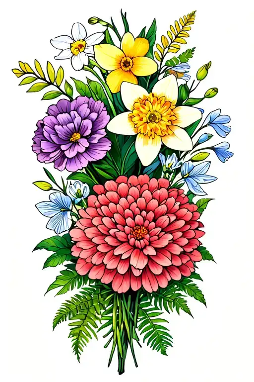 flower bouqet with chrysanthemum, snowdrop, carnation, sweetpea, daffodils, fern, gerium rozane tattoo design idea