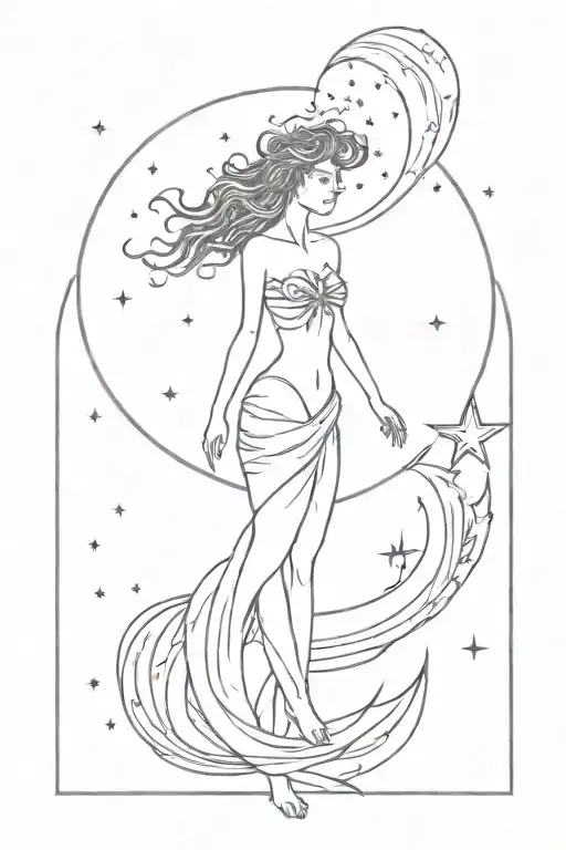 celestial full body goddess standing with moon swirling stars tattoo design idea