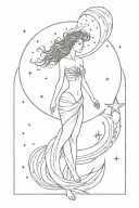 celestial full body goddess standing with moon swirling stars tattoo design idea