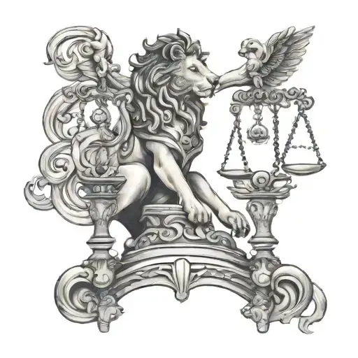 lion and lady justice scale tattoo design idea