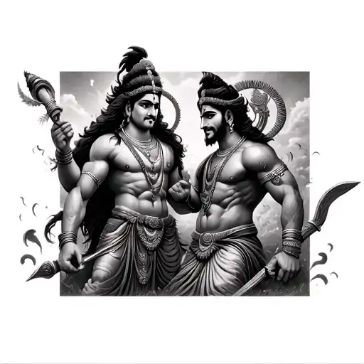 krishna and arjun in battle field. tattoo design idea