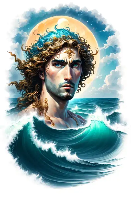 neptune above ocean tattoo design idea
