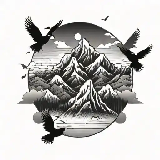 outline mountain with birds very minimal tattoo design idea